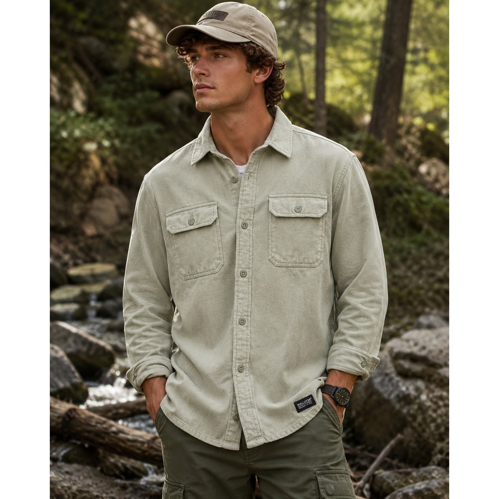 Hollister Men Oversized Fit Cotton Button Shirt Sage Green L Rugged gorpcore Y2K